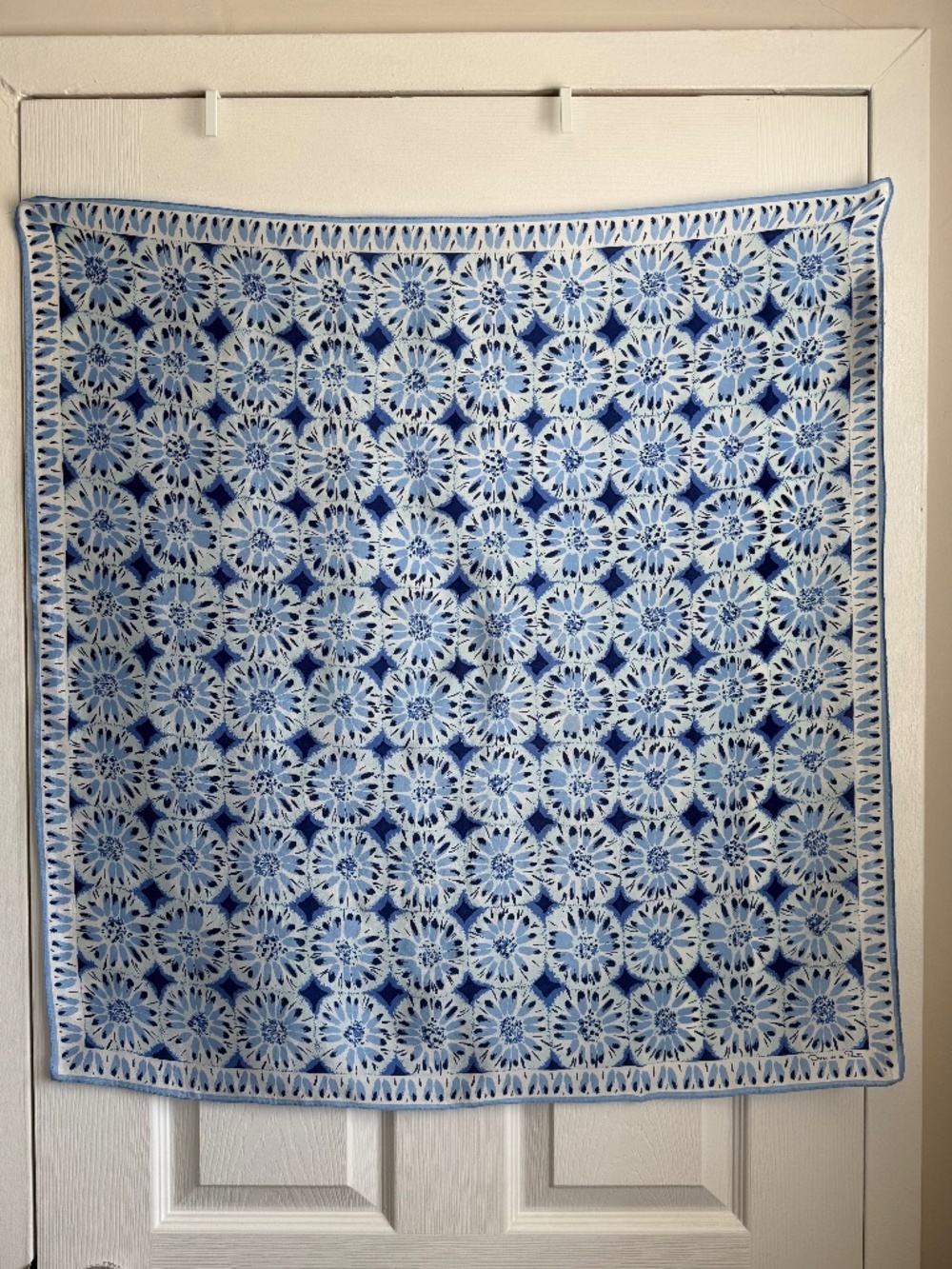 Vintage Oscar de la Renta 100% Silk Square Scarf Blue White Floral Medallion